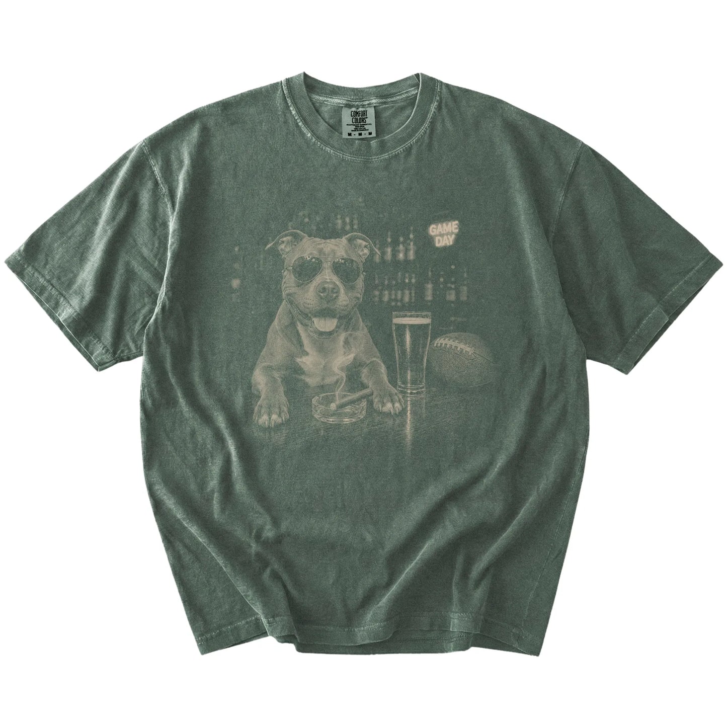Pitbull with beer and football graphics on a Moss Comfort Colors® T-shirt