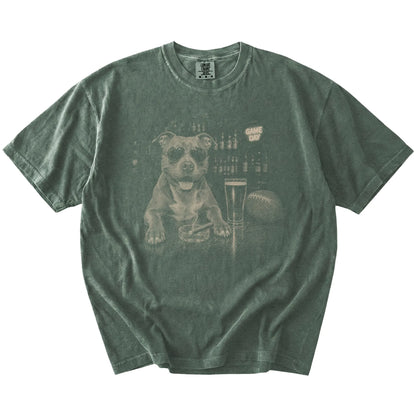 Pitbull with beer and football graphics on a Moss Comfort Colors® T-shirt