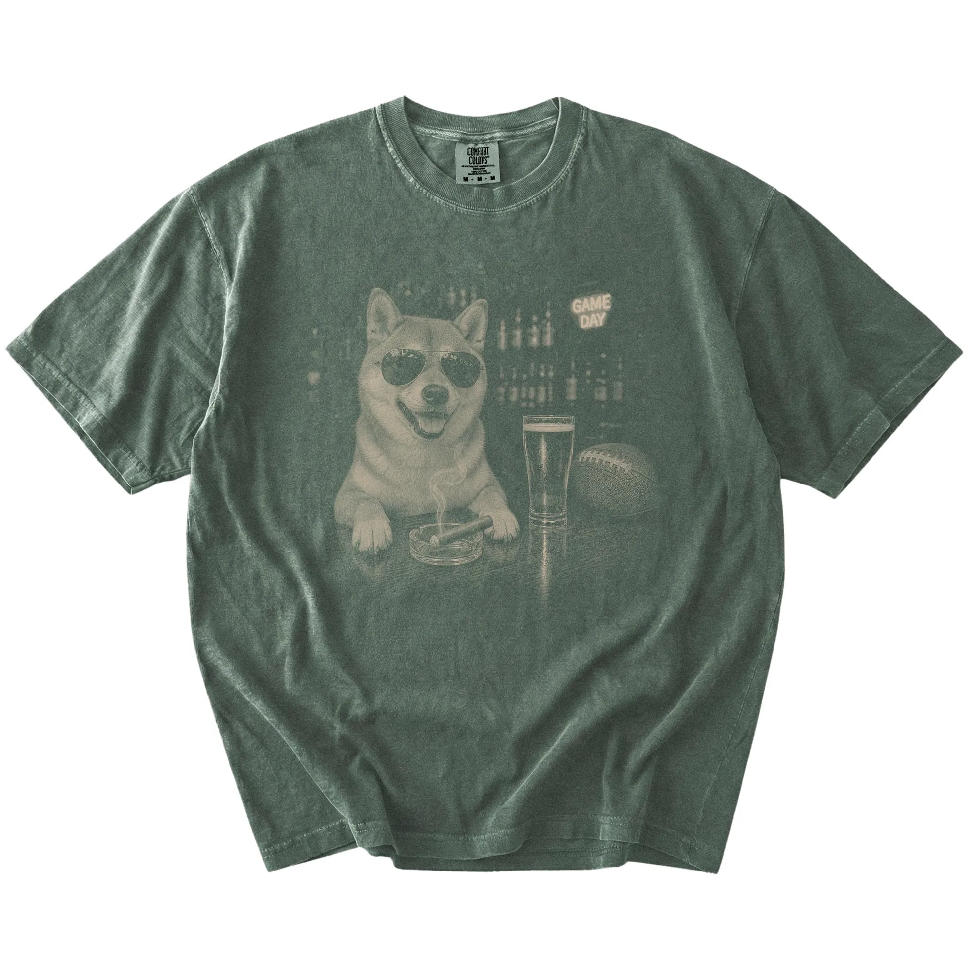 Shiba Inu with beer and football graphics on a Moss Comfort Colors® T-shirt
