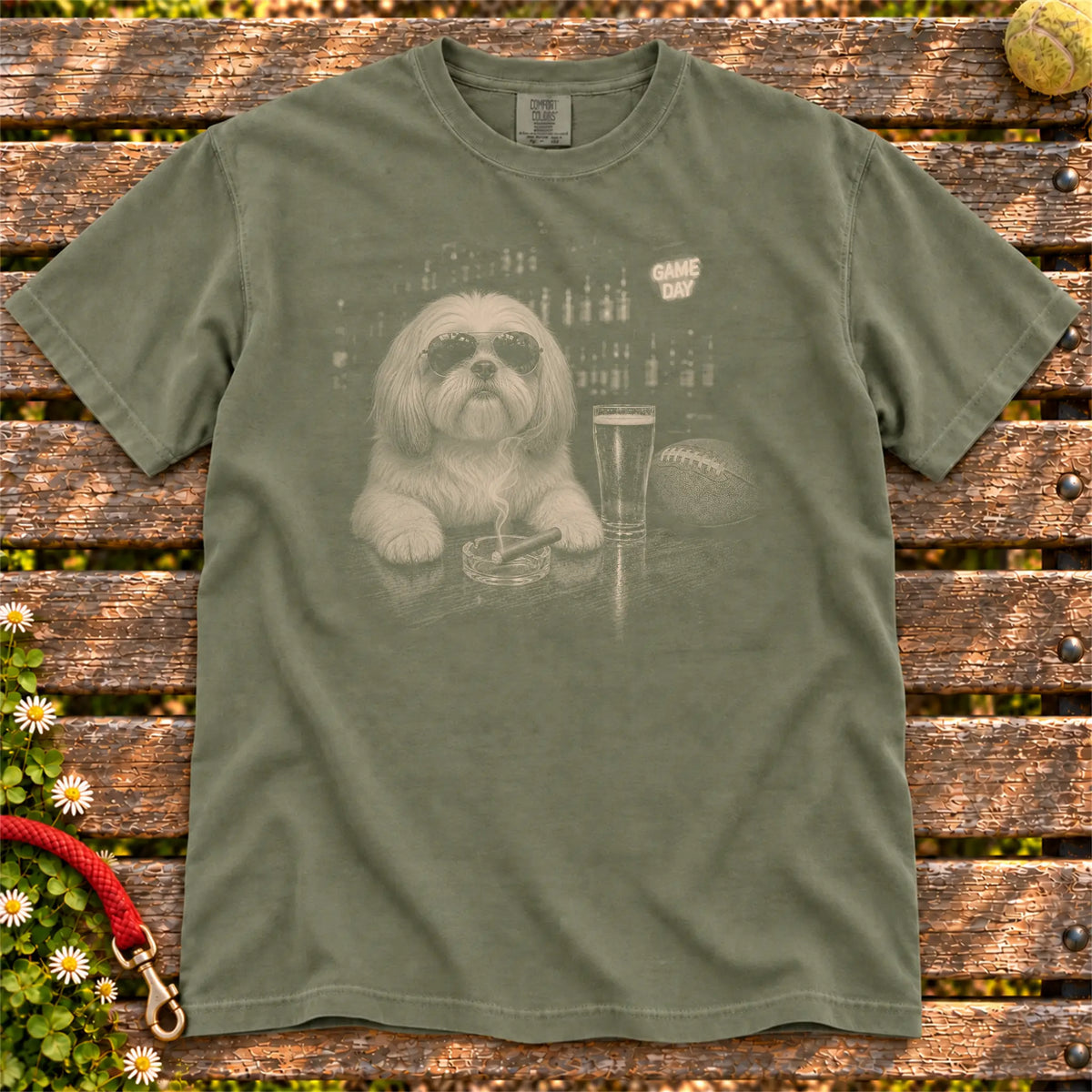 Beer and Football Shih Tzu design on a Moss Comfort Colors T-shirt, shown flat