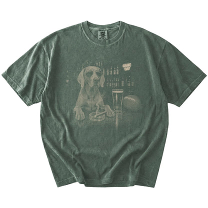 Weimaraner with beer and football graphics on a Moss Comfort Colors® T-shirt