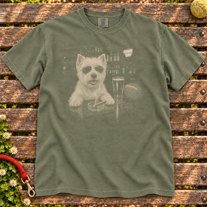 Beer and Football Westie design on a Moss Comfort Colors T-shirt, shown flat