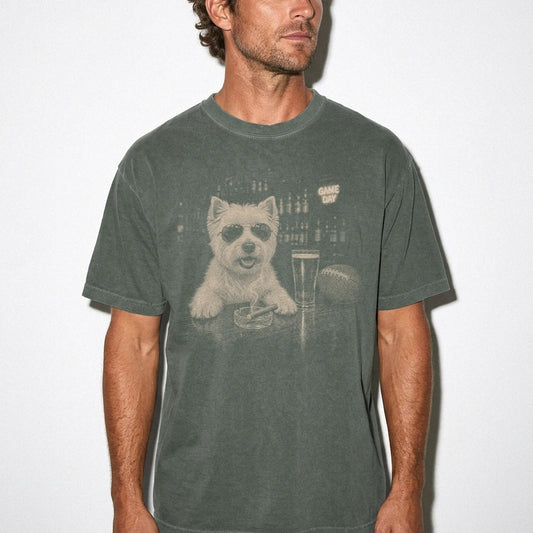 Model wearing a Moss Comfort Colors® T-shirt featuring Westie with beer and football graphics