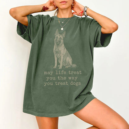 Woman wearing a Moss Belgian Malinois Karma T-Shirt