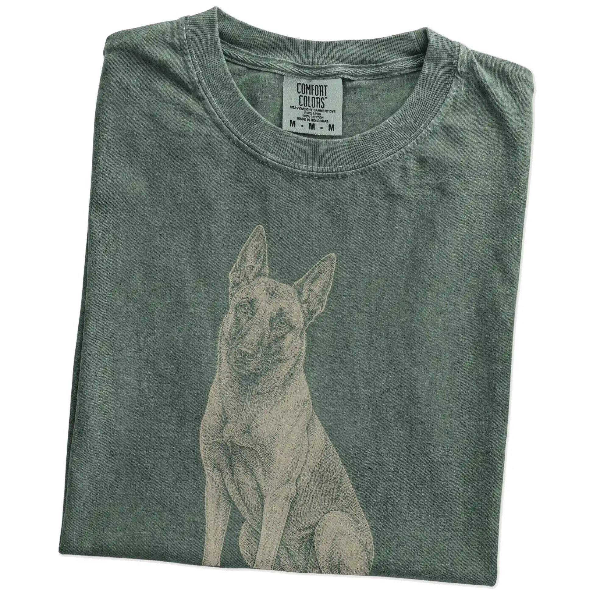 Folded Moss Belgian Malinois Karma T-Shirt showing the graphic