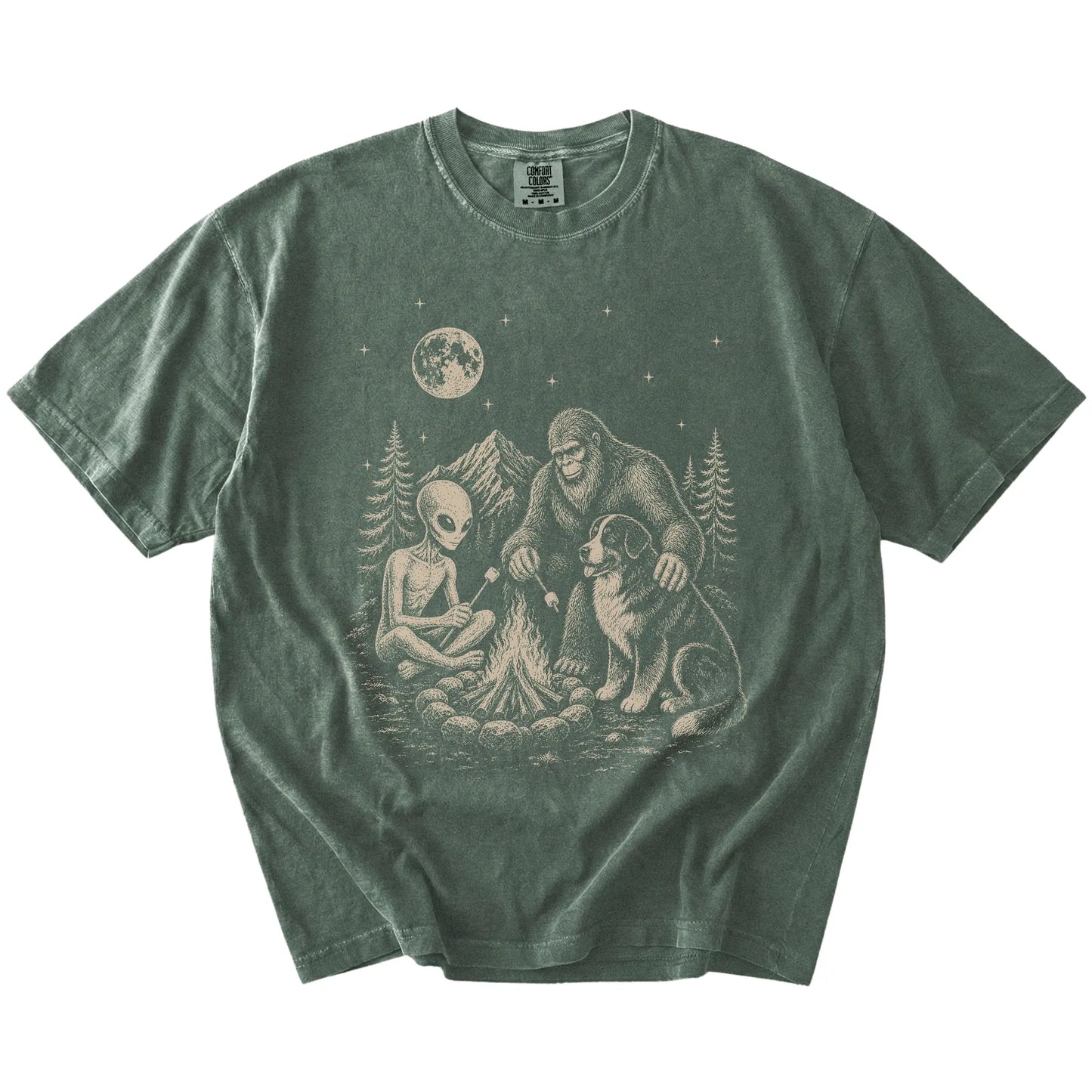 Bernese Mountain Dog camping with Bigfoot and an alien on a Moss Comfort Colors® T-shirt