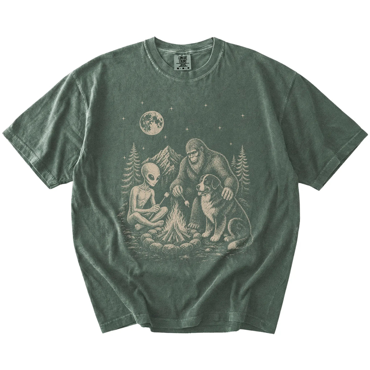Bernese Mountain Dog camping with Bigfoot and an alien on a Moss Comfort Colors® T-shirt