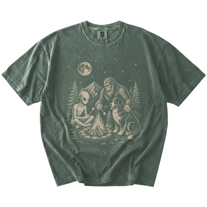 Bernese Mountain Dog camping with Bigfoot and an alien on a Moss Comfort Colors® T-shirt