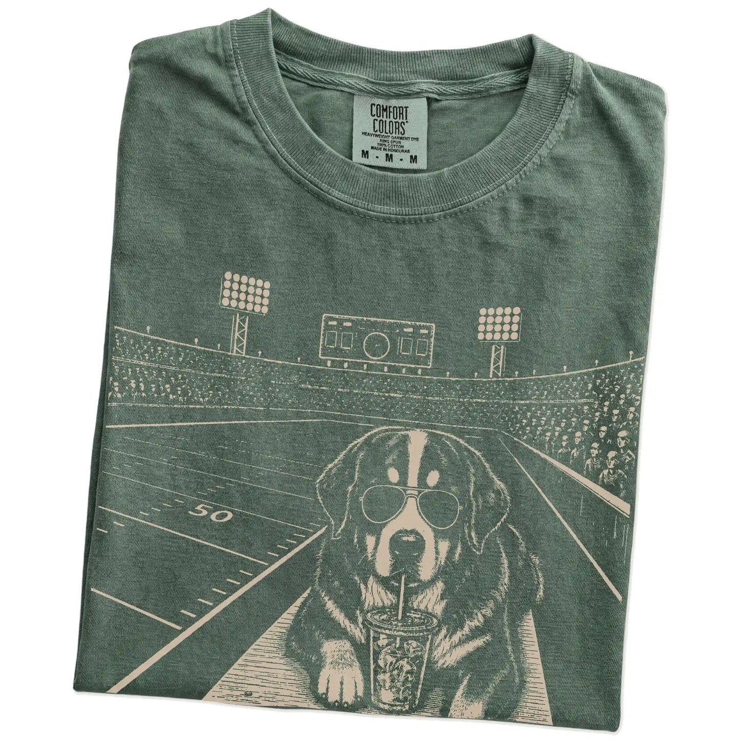 Folded Moss Comfort Colors® T-shirt showing Bernese Mountain Dog ready for football and tailgate season