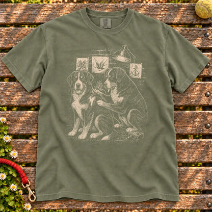 Bernese Mountain Dog Tattoo design on a Moss Comfort Colors T-shirt, shown flat