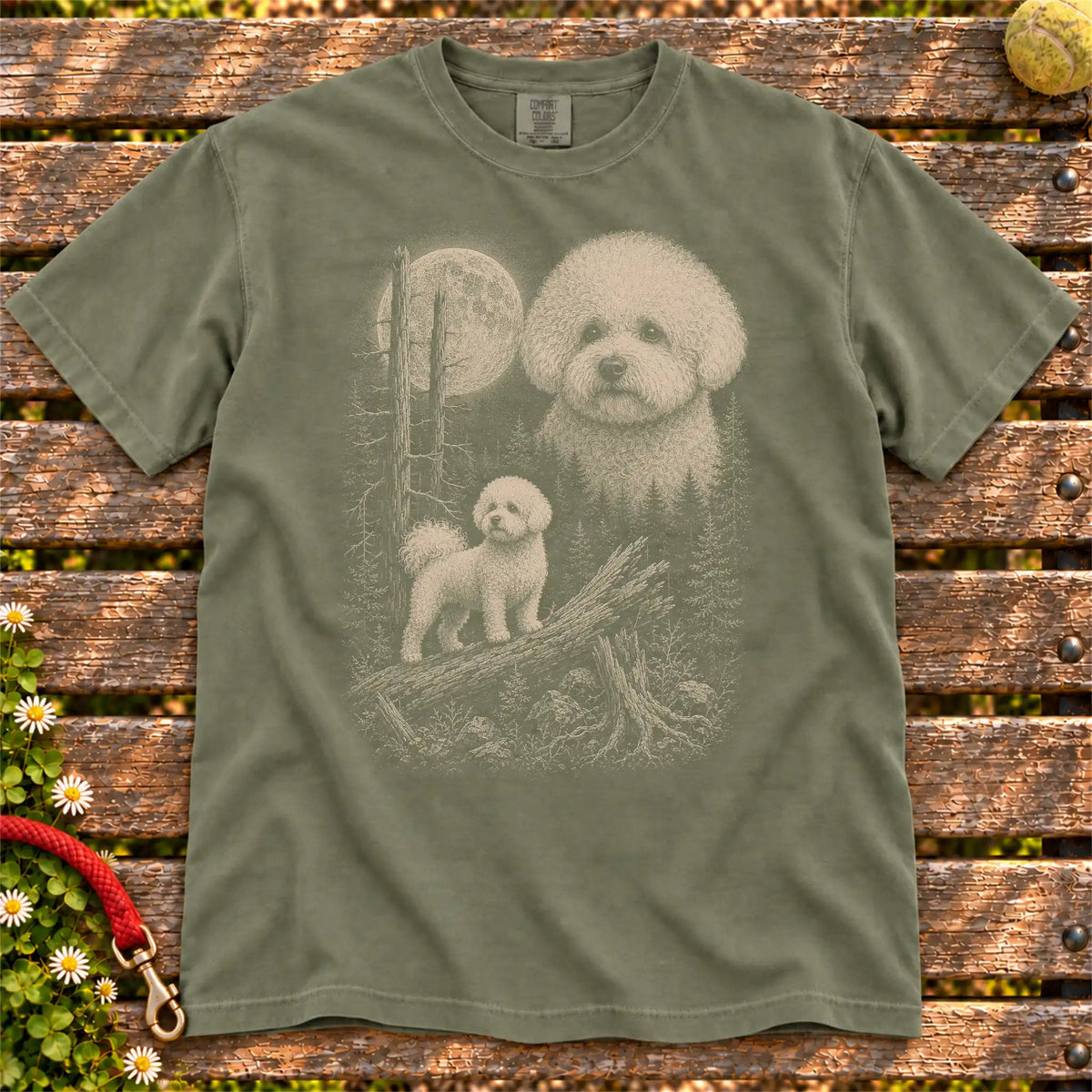 Bichon Frise Moonlit Forest design on a Moss T-shirt shown flat