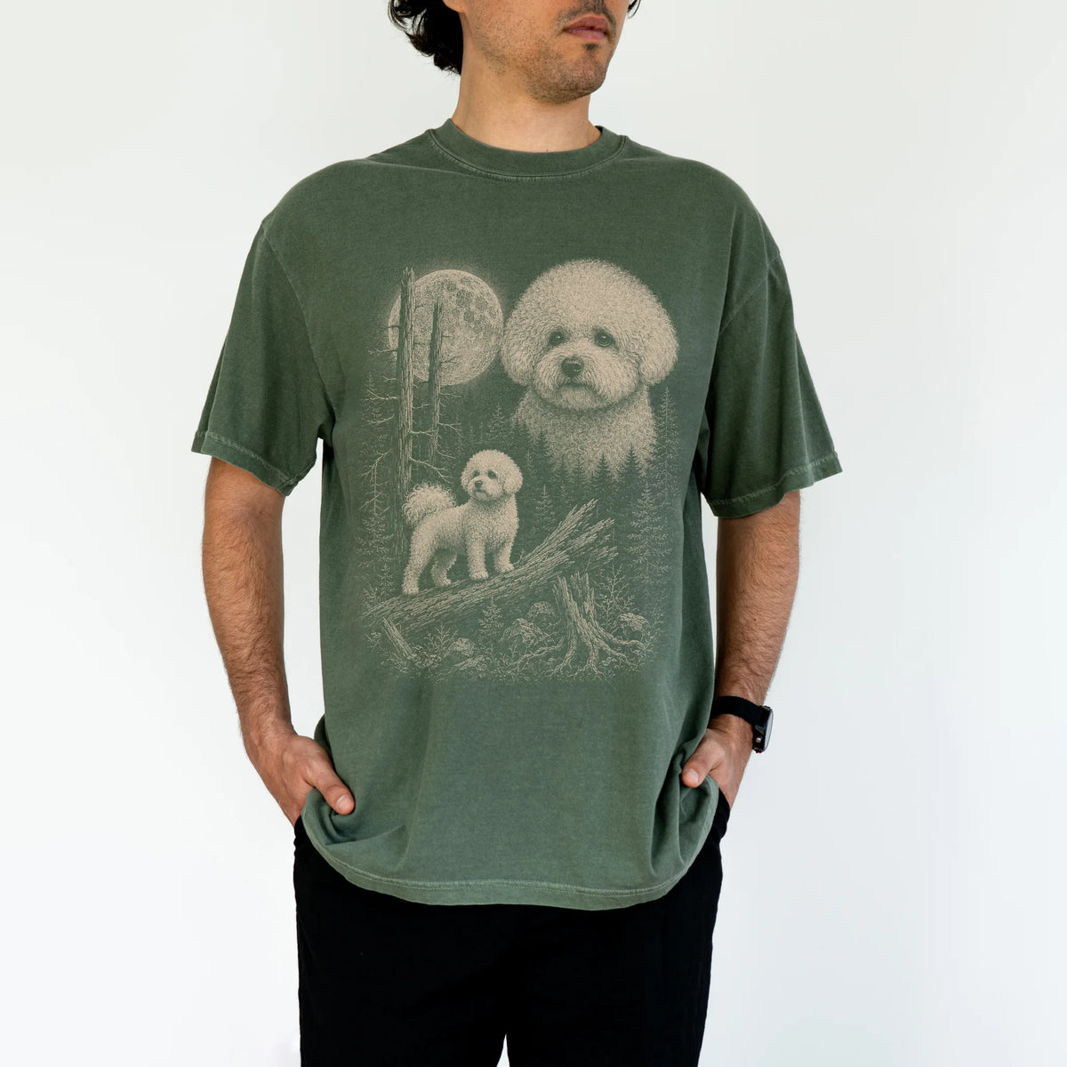 Man wearing a Moss Bichon Frise Moonlit Forest T-Shirt