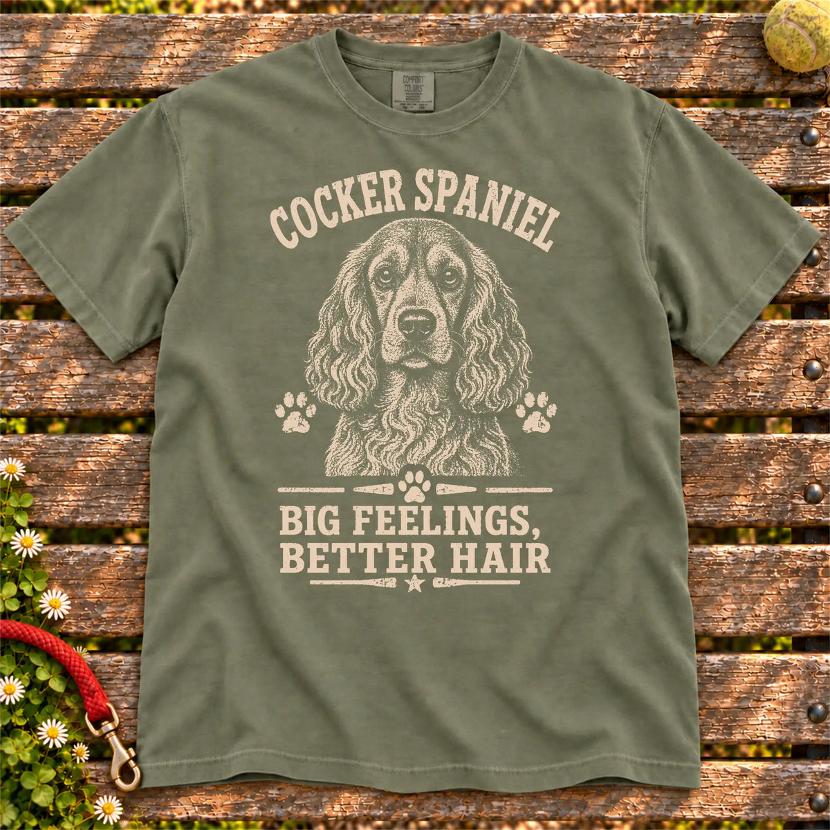 Cocker Spaniel design with “Big Feelings, Better Hair” lettering on a Moss Comfort Colors® T-shirt