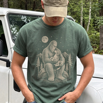 Model wearing a Moss Comfort Colors® T-shirt showing Bigfoot holding a Beagle