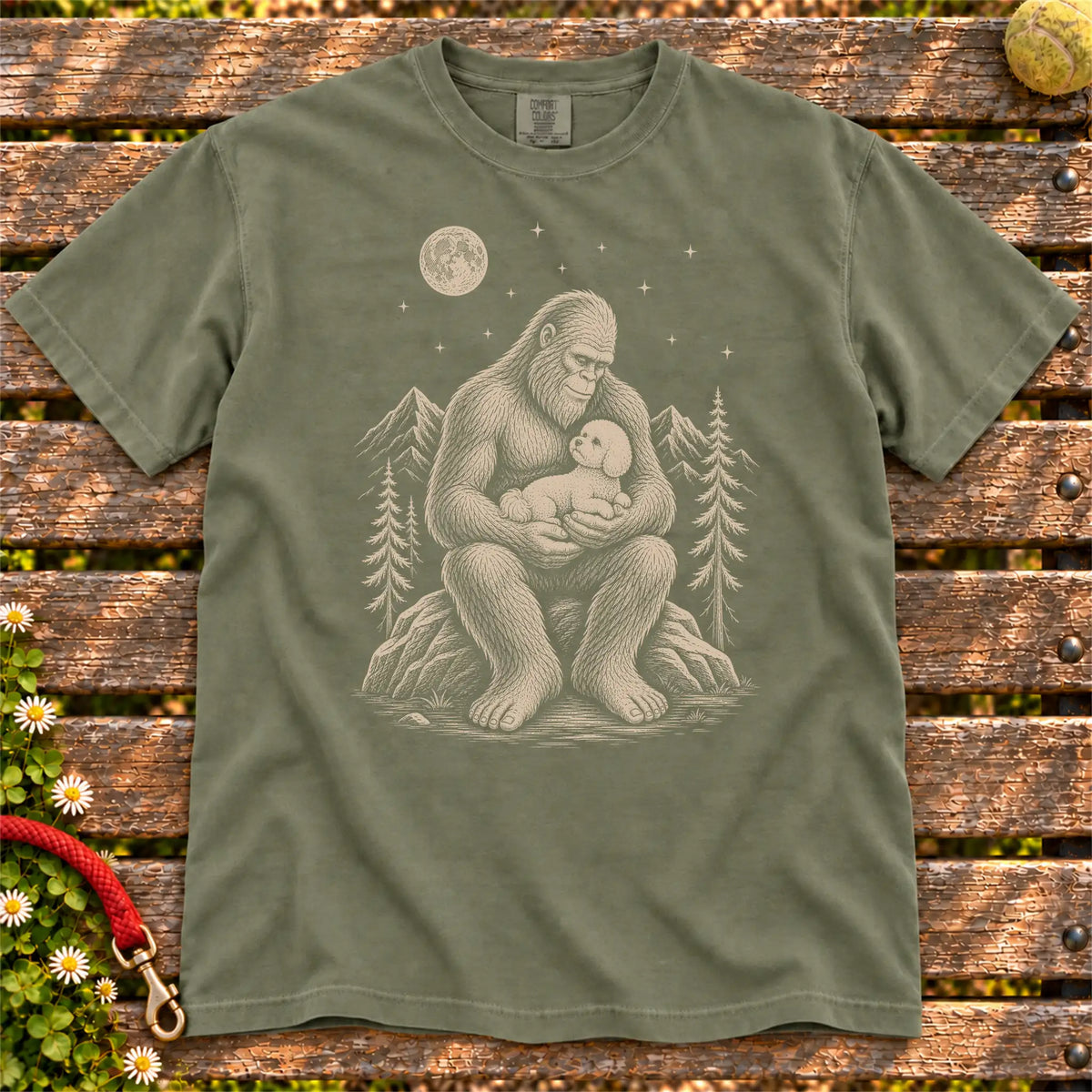 Bichon Frise Bigfoot Holding on a Moss T-shirt, shown flat