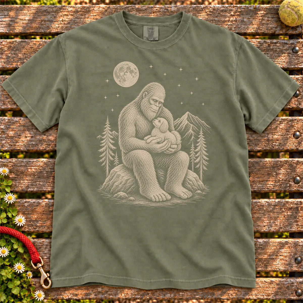 Havanese Bigfoot Holding on a Moss T-shirt, shown flat