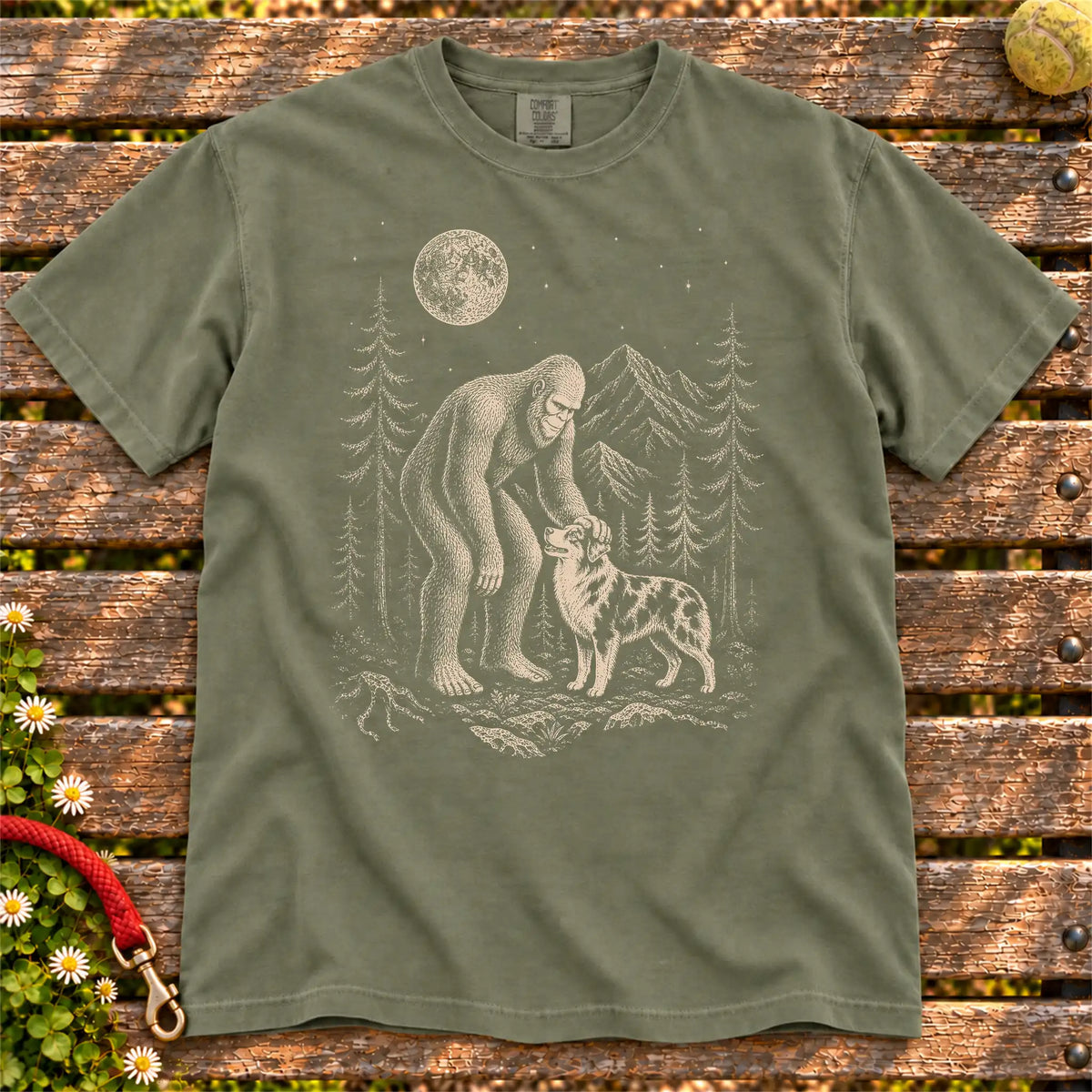 Australian Shepherd Bigfoot Petting on a Moss T-shirt, shown flat