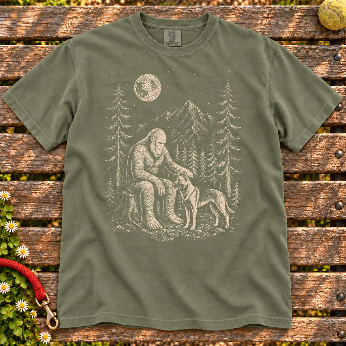 Belgian Malinois Bigfoot Petting on a Moss T-shirt, shown flat