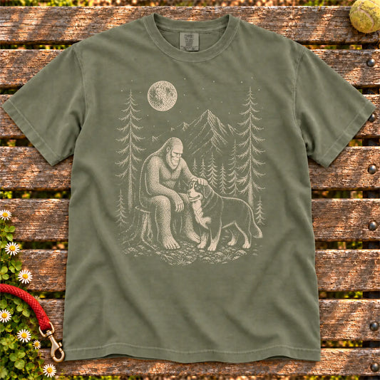 Bernese Mountain Dog Bigfoot Petting on a Moss T-shirt, shown flat