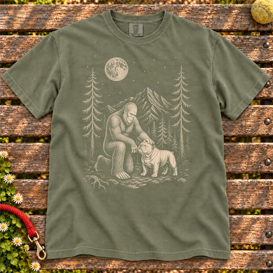 English Bulldog Bigfoot Petting on a Moss T-shirt, shown flat