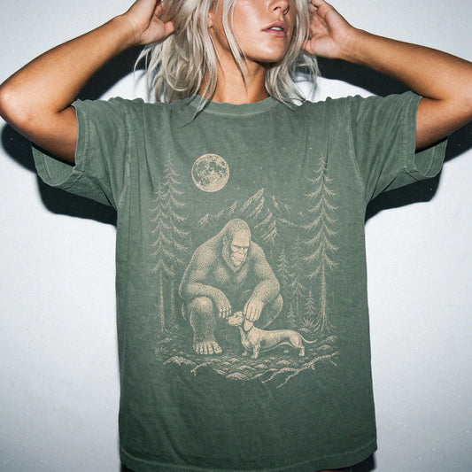 Person wearing the Dachshund and Bigfoot T-Shirt in Moss