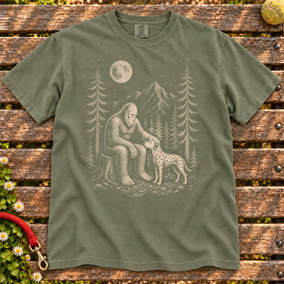 Dalmatian Bigfoot Petting on a Moss T-shirt, shown flat