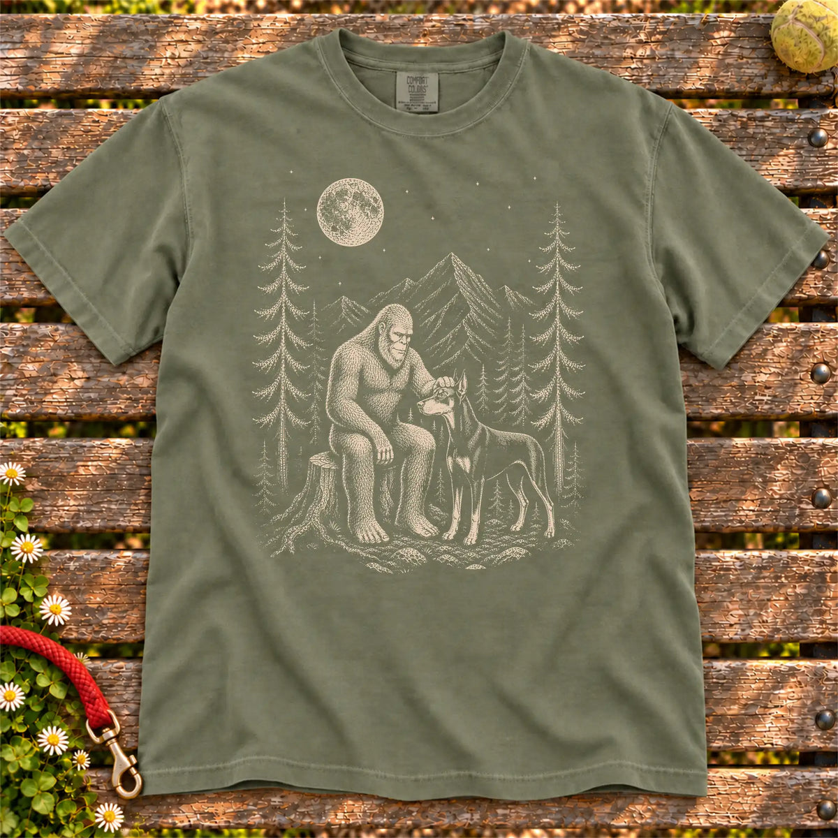 Doberman Bigfoot Petting on a Moss T-shirt, shown flat