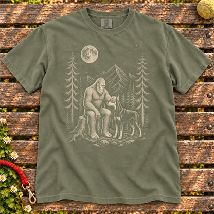 Doberman Bigfoot Petting on a Moss T-shirt, shown flat
