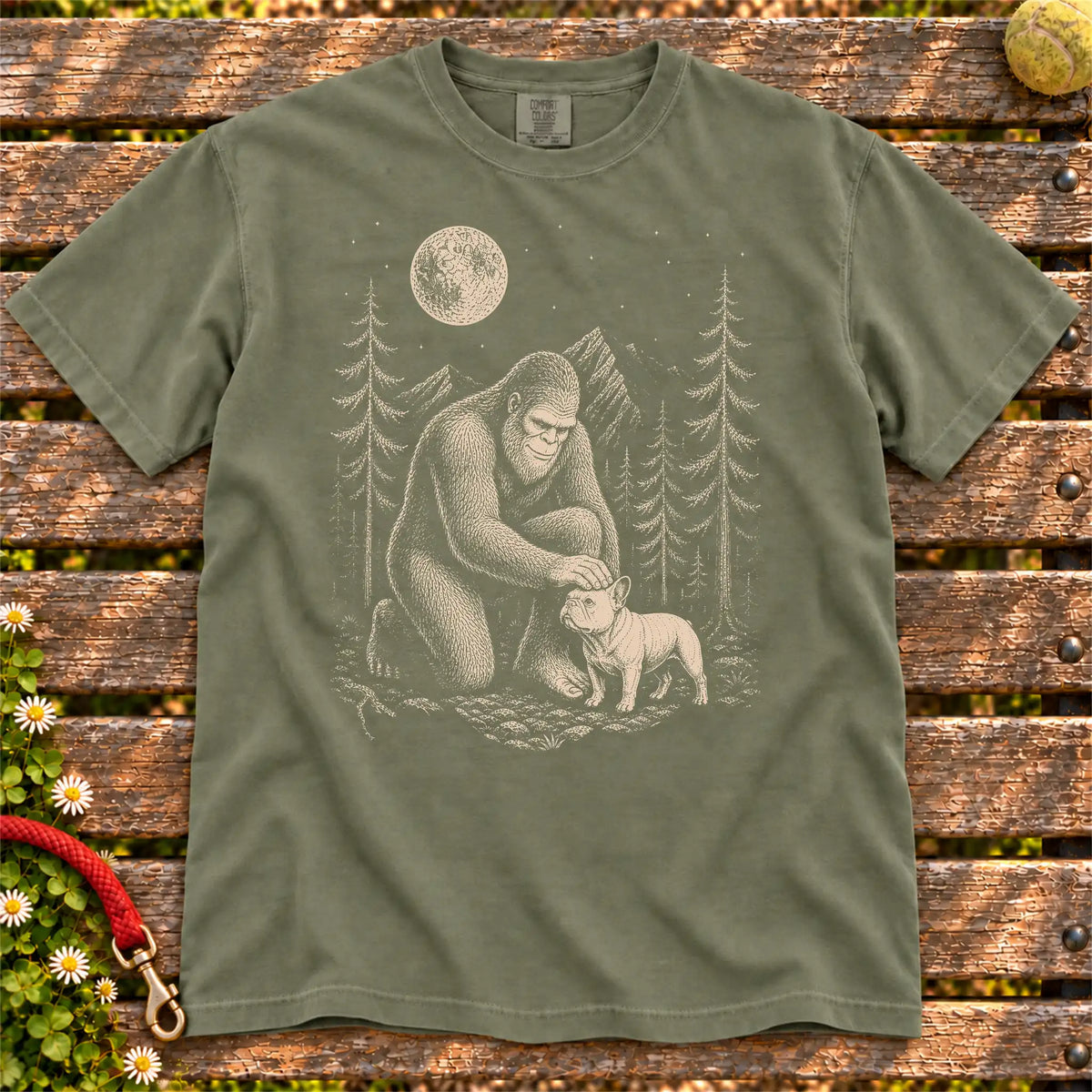 French Bulldog Bigfoot Petting on a Moss T-shirt, shown flat