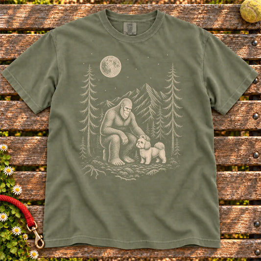 Shih Tzu Bigfoot Petting on a Moss T-shirt, shown flat