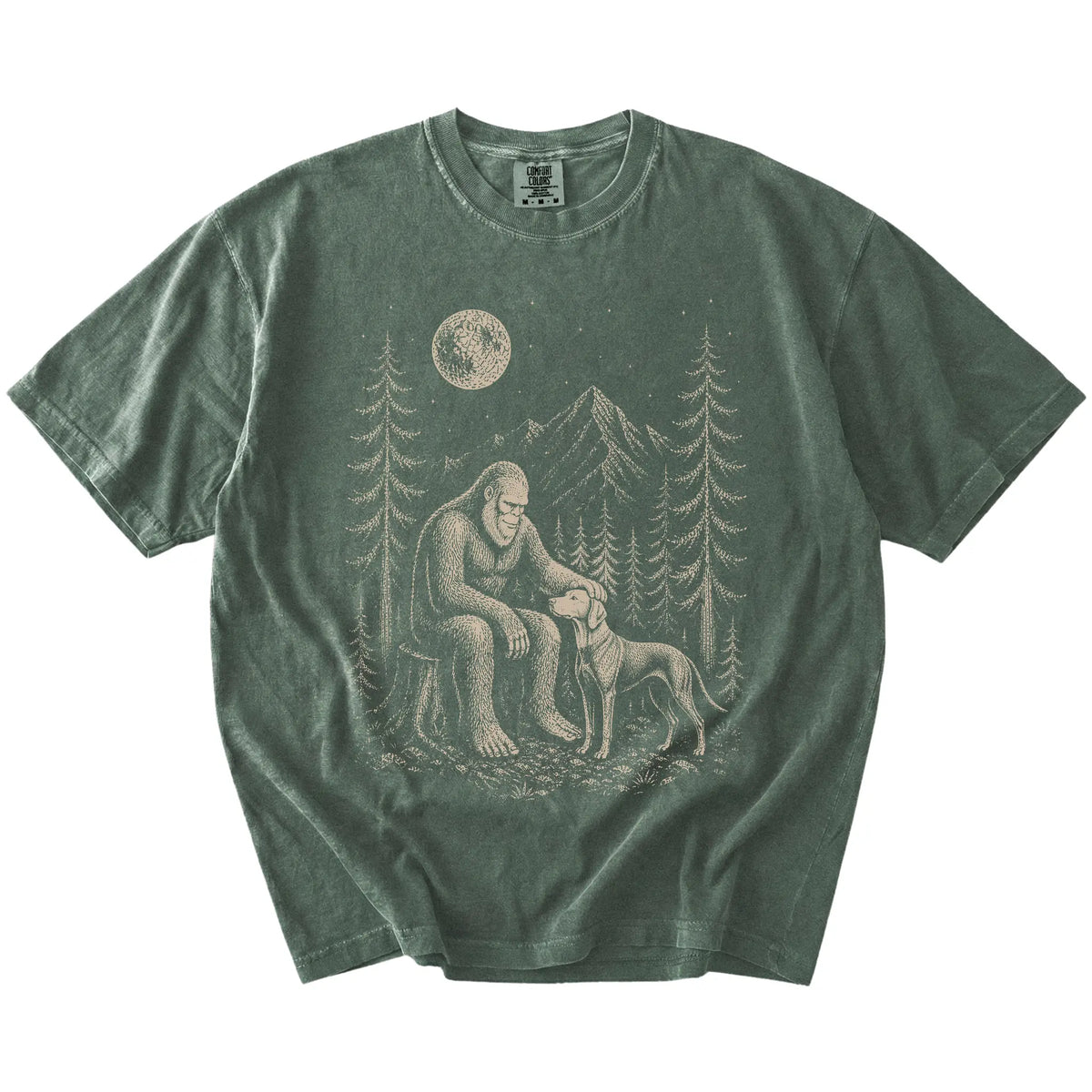 Bigfoot petting a Vizsla beneath the moon in a pine forest on a Moss Comfort Colors® T-shirt
