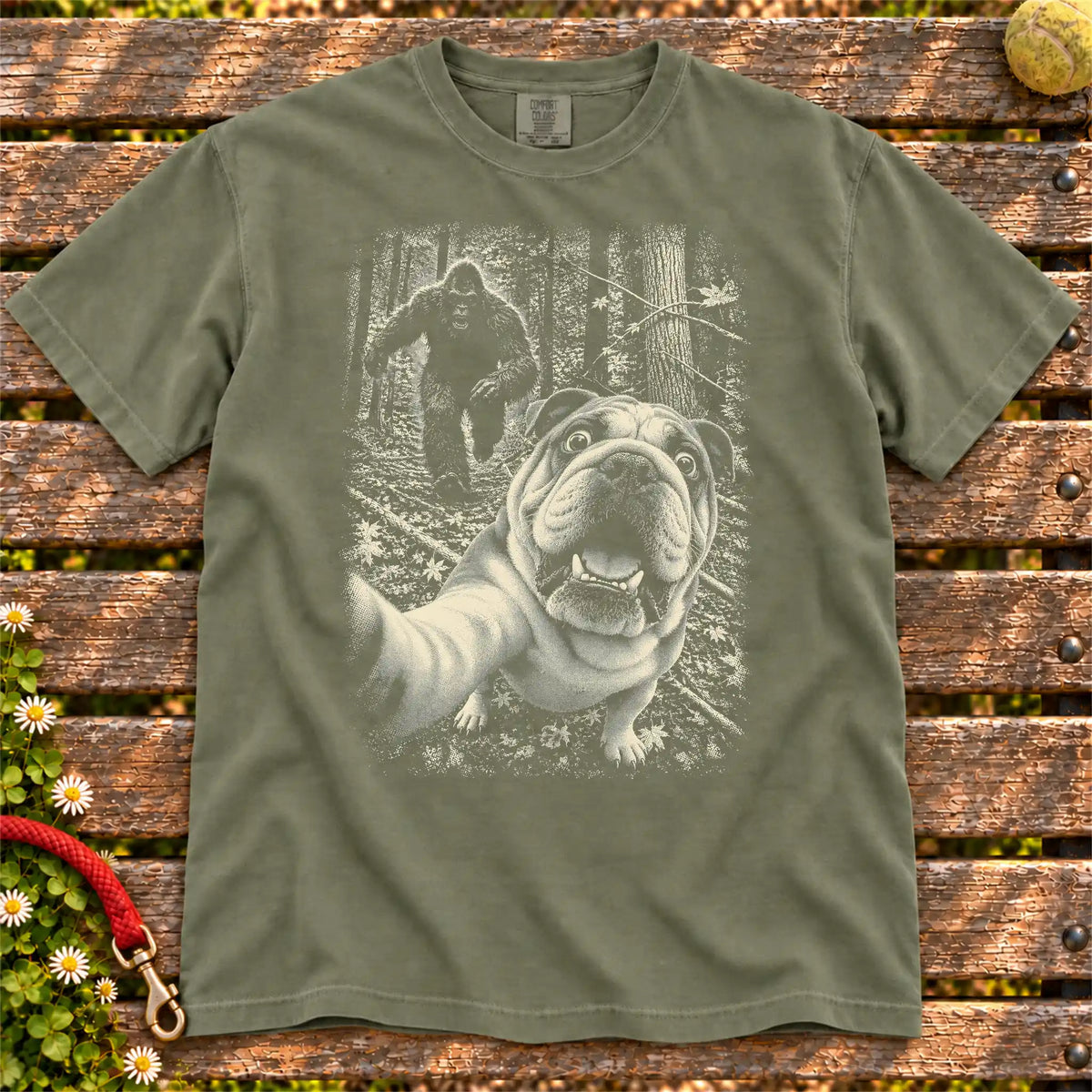 English Bulldog Bigfoot Selfie Comfort Colors T-shirt in Moss
