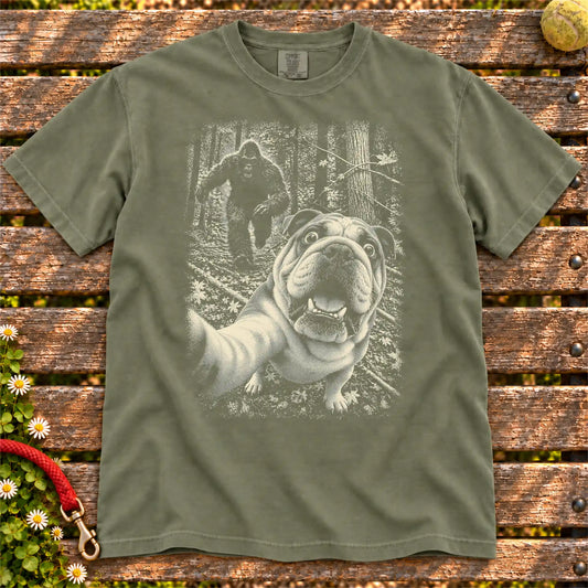 English Bulldog Bigfoot Selfie Comfort Colors T-shirt in Moss