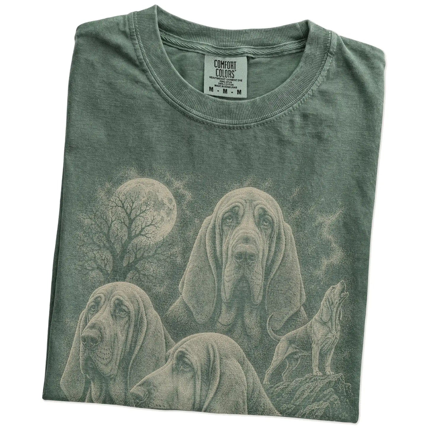 Folded Moss Comfort Colors® T-shirt showing a vintage moon montage featuring Bloodhound
