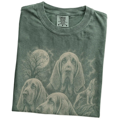 Folded Moss Comfort Colors® T-shirt showing a vintage moon montage featuring Bloodhound