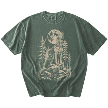 Bloodhound howling beneath the moon and pine trees on a Moss Comfort Colors® T-shirt
