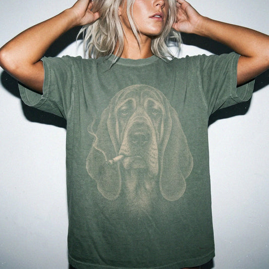 Model wearing a Bloodhound smoking design on a Moss t-shirt