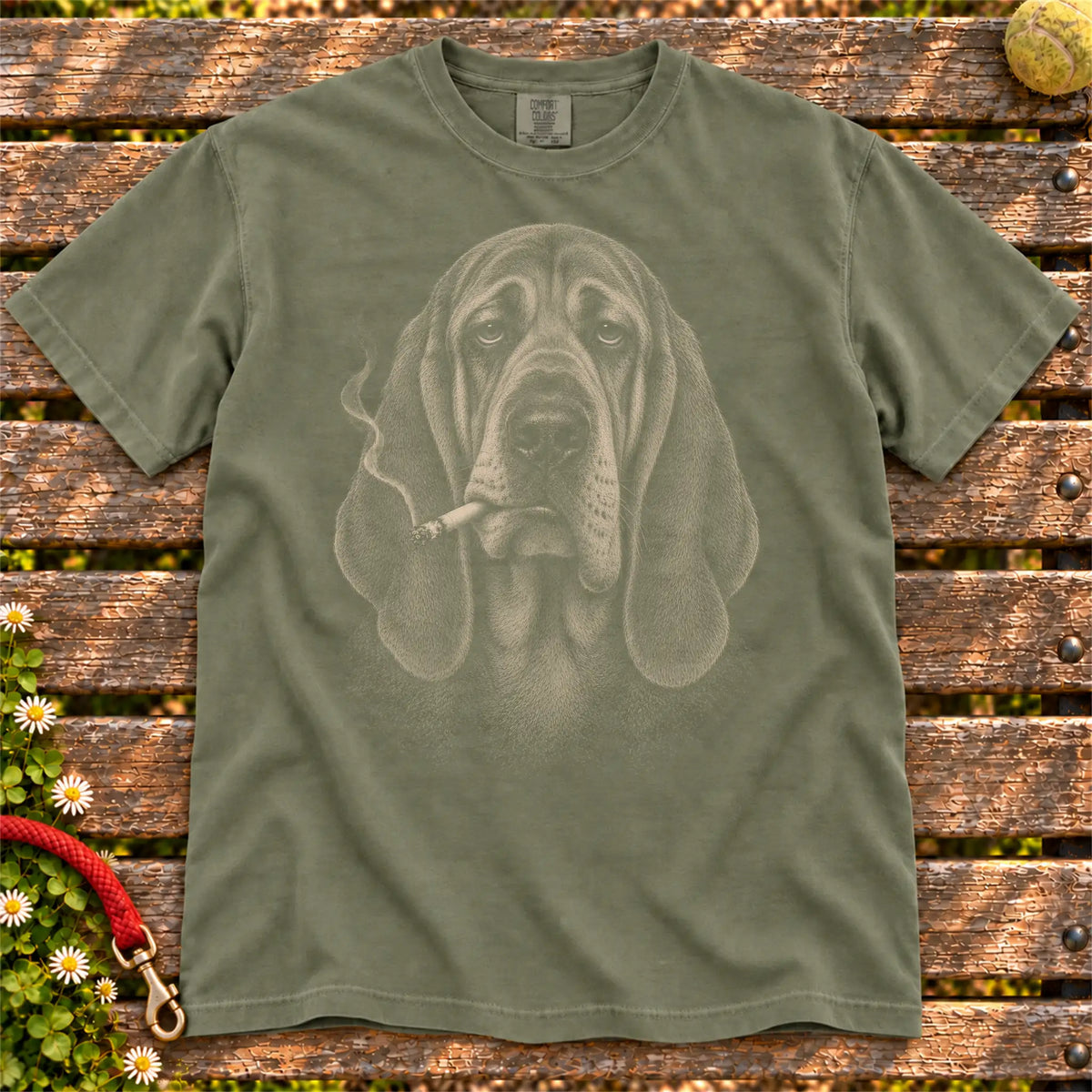 Bloodhound smoking design on a Moss t-shirt
