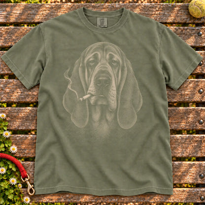 Bloodhound smoking design on a Moss t-shirt