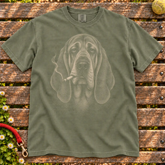 Bloodhound smoking design on a Moss t-shirt
