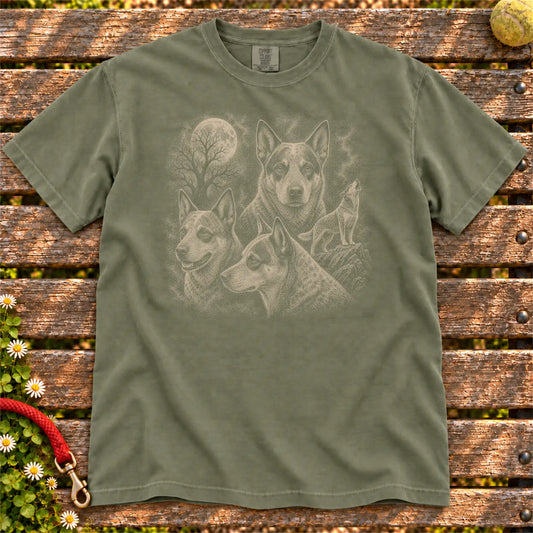 Blue Heeler 90s Moon design on a Moss T-shirt shown flat