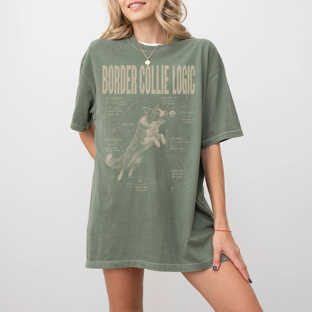 Woman wearing a Moss Border Collie Logic T-Shirt