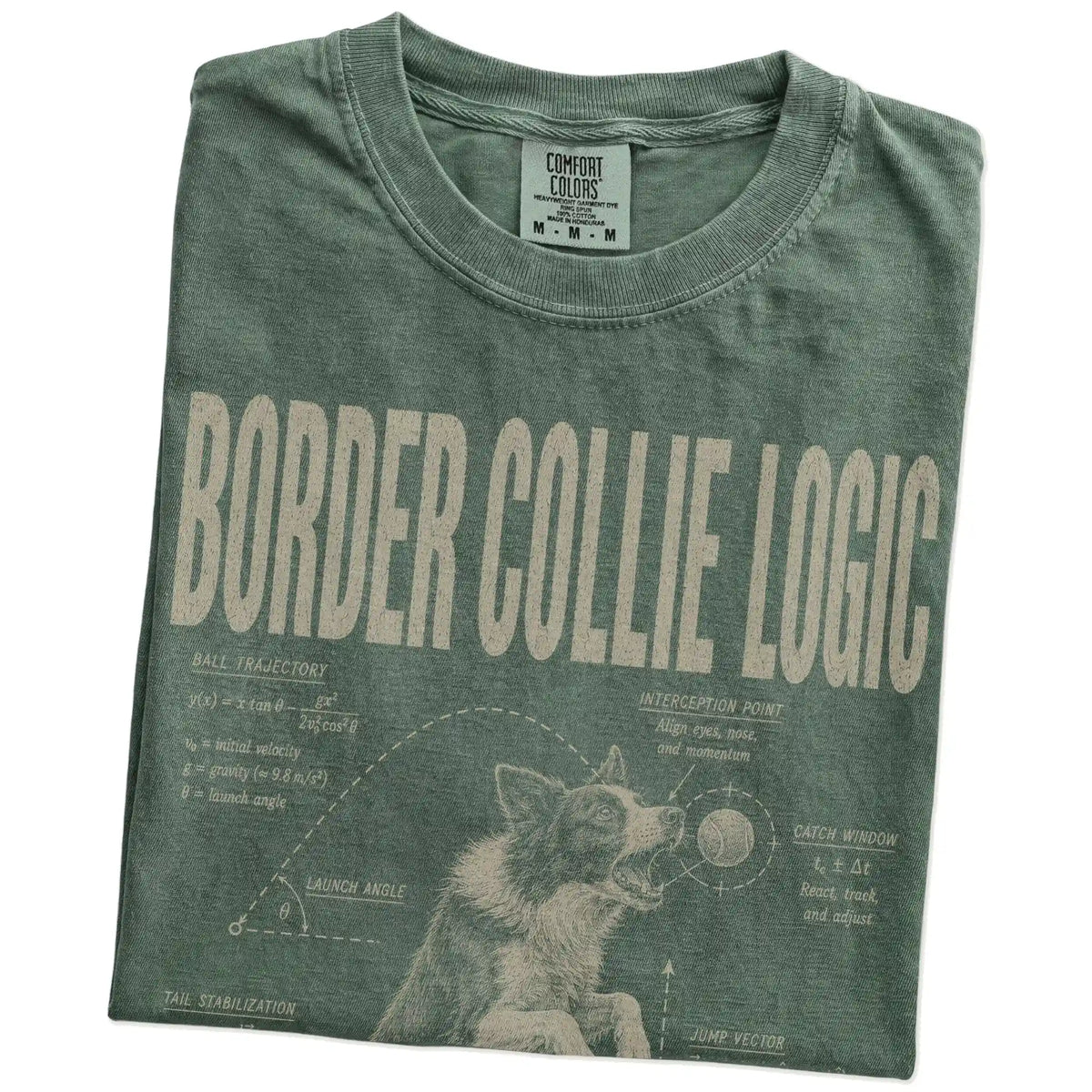 Folded Moss Border Collie Logic T-Shirt showing the graphic