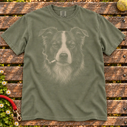 Border Collie smoking design on a Moss t-shirt