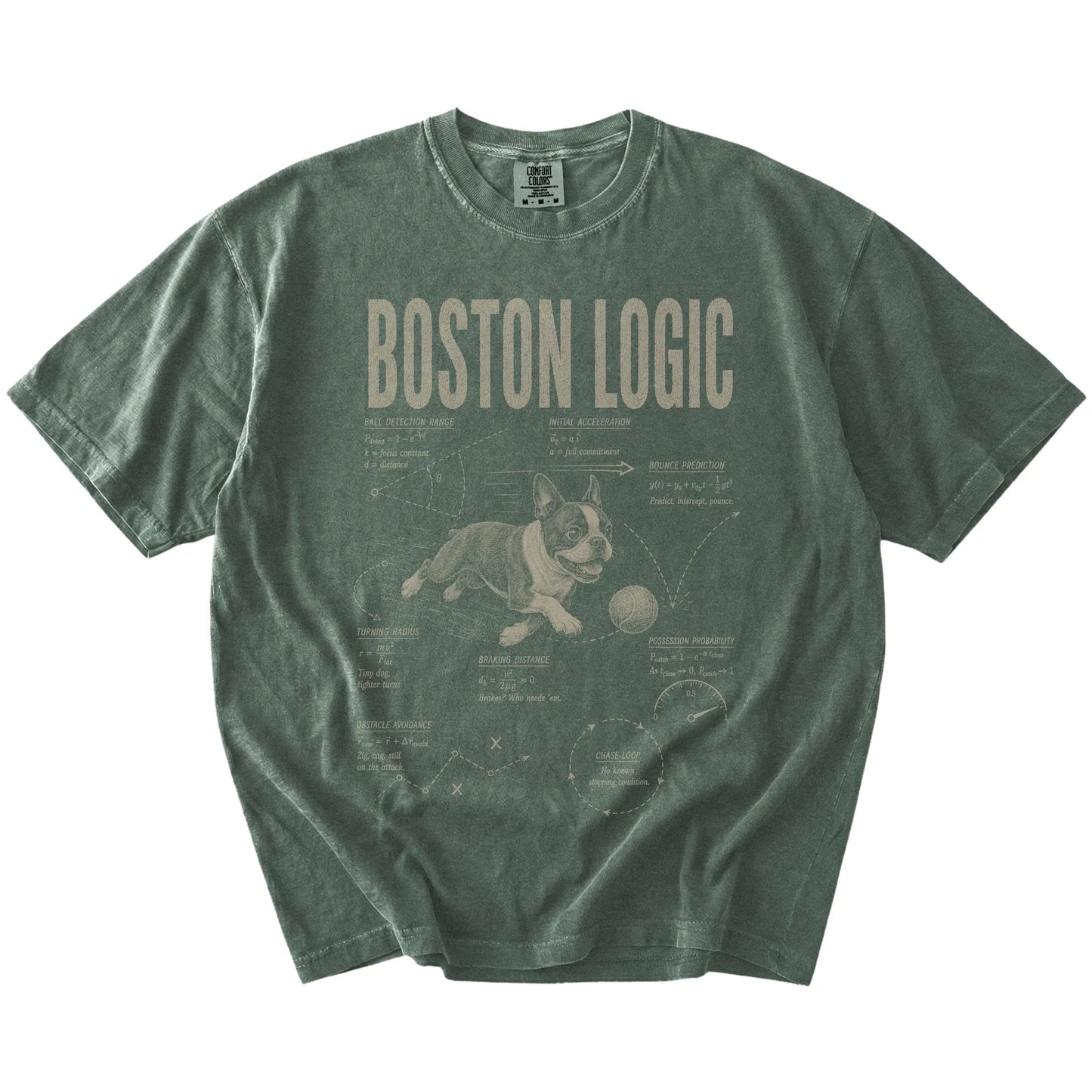 Moss Boston Terrier Ball Logic T-Shirt laid flat