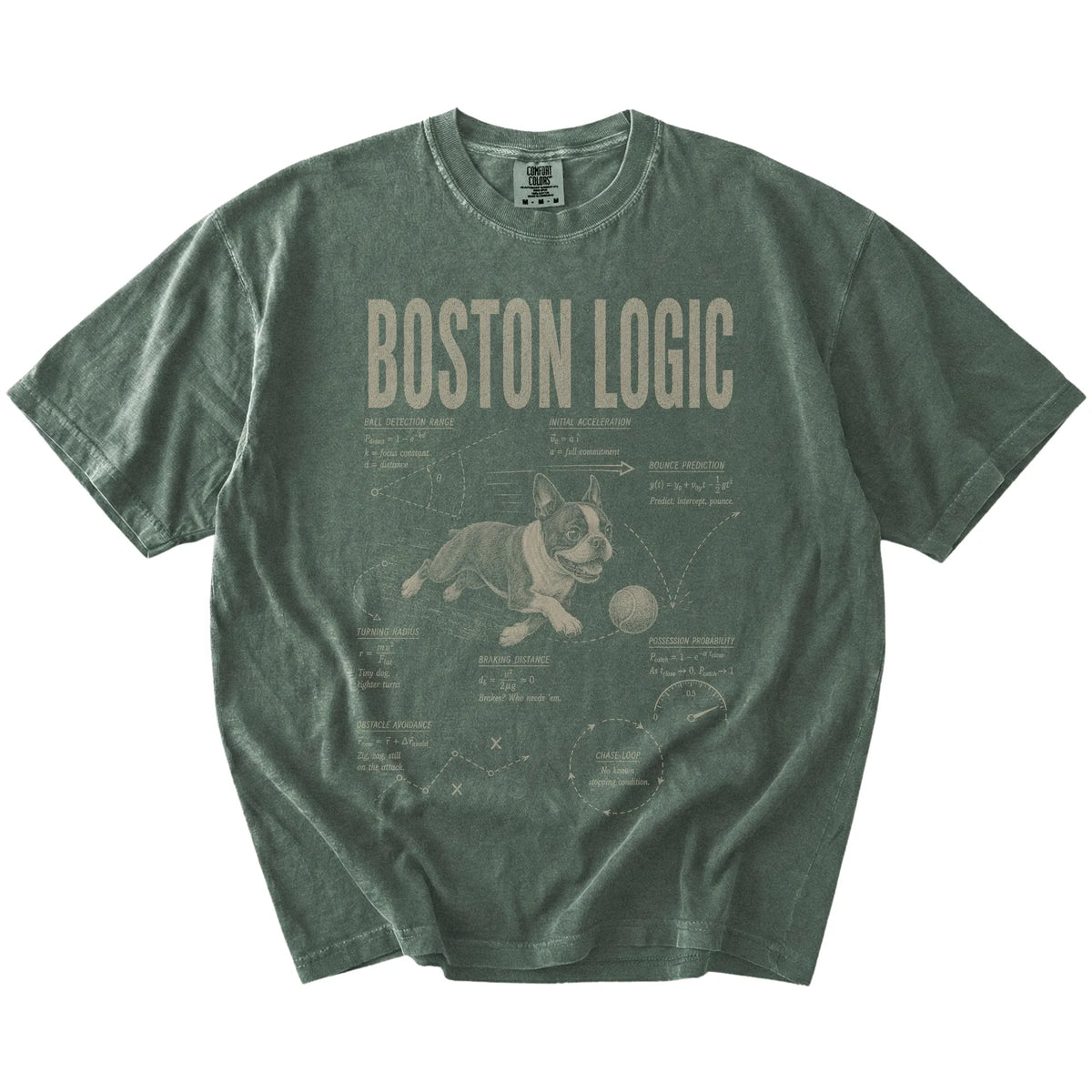 Moss Boston Terrier Ball Logic T-Shirt laid flat