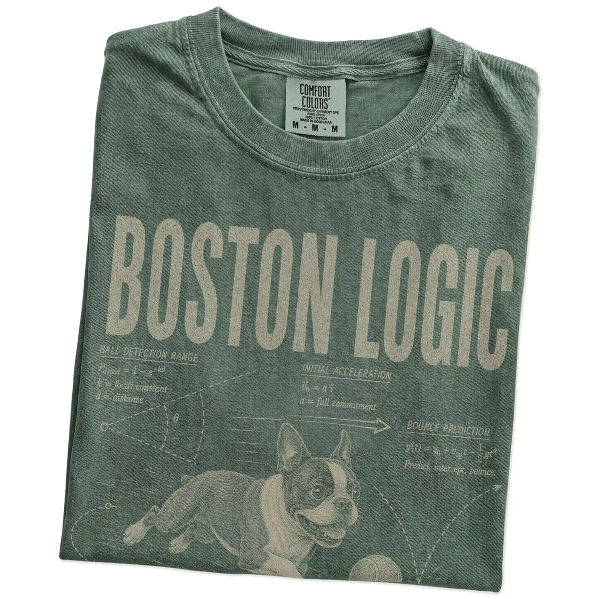 Folded Moss Boston Terrier Ball Logic T-Shirt showing the graphic