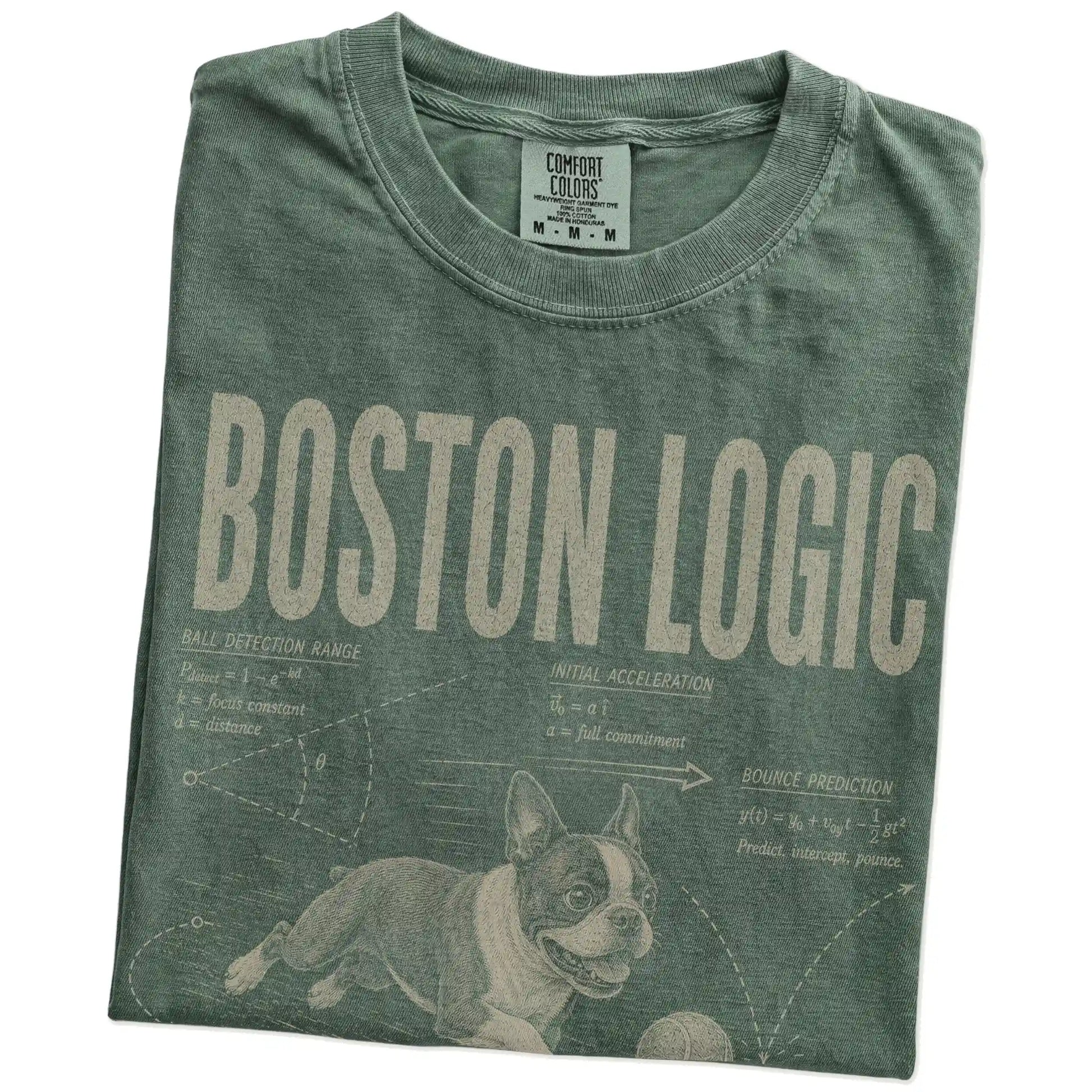 Folded Moss Boston Terrier Ball Logic T-Shirt showing the graphic