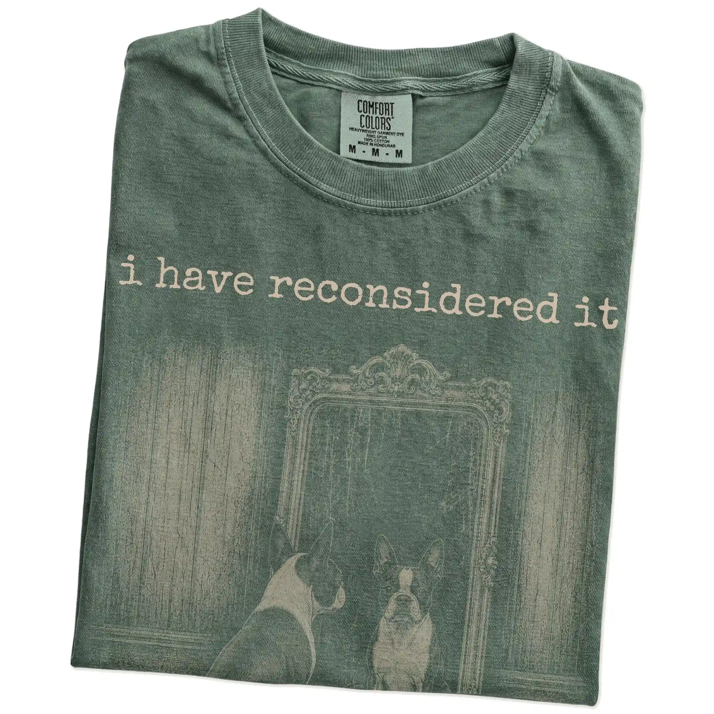 Folded Moss Comfort Colors® T-shirt showing “the answer is still no” boston terrier design
