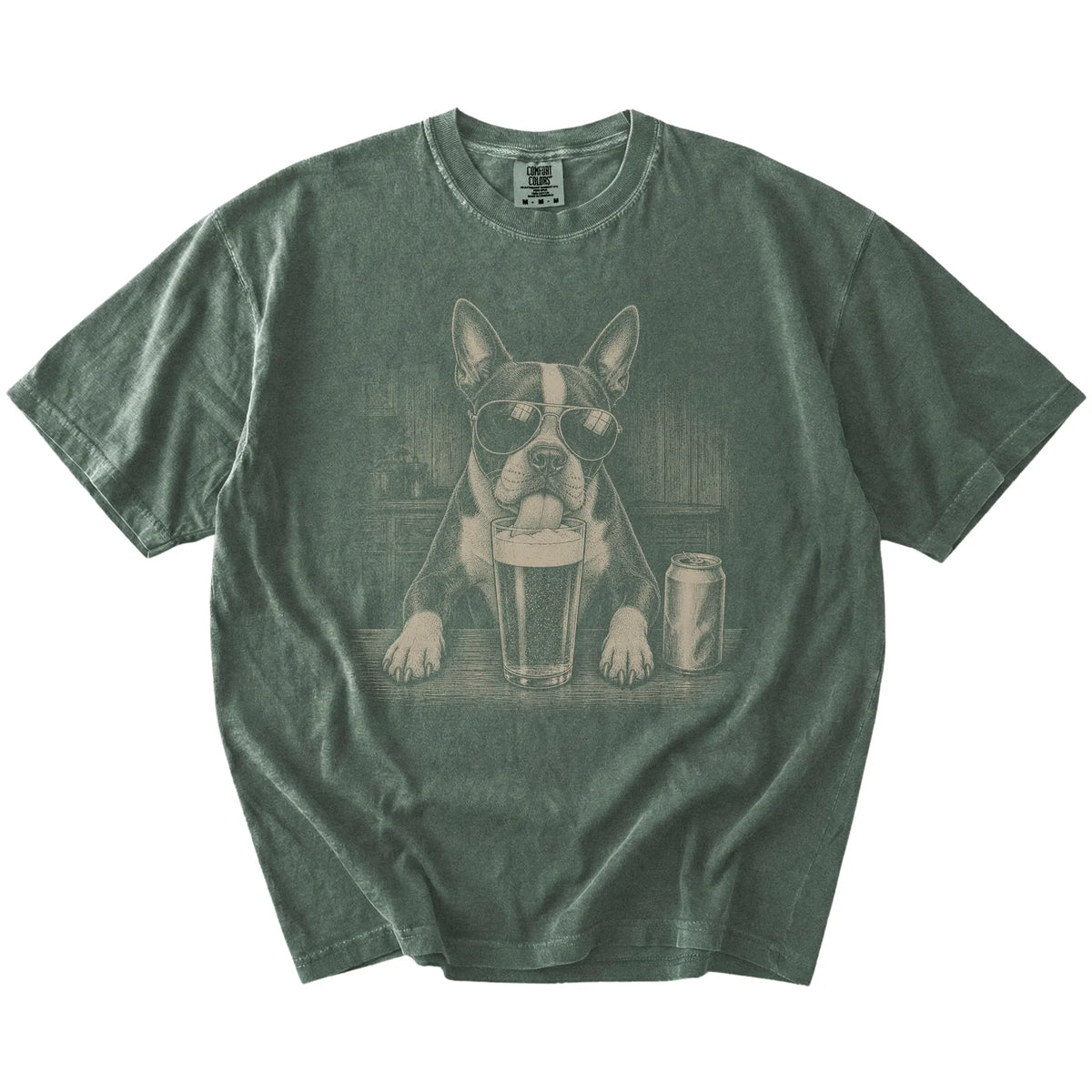 Boston Terrier sneaking a drink from a foamy pint at home on a Moss Comfort Colors® t-shirt
